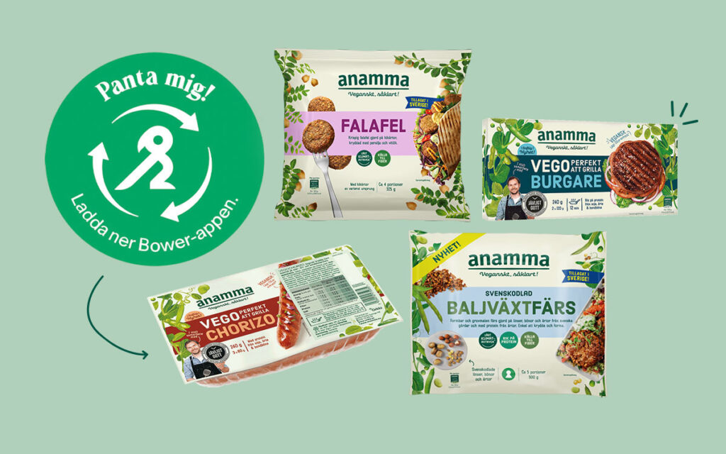 Anamma veganska produkter och symbol för Bowers återvinning