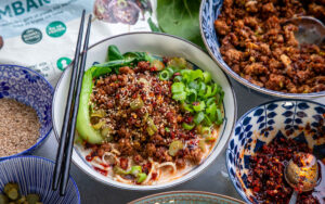 tan tan ramen med Anammas formbara vegofärs, skål med nudlar och vegofärs, chili, grönsaker